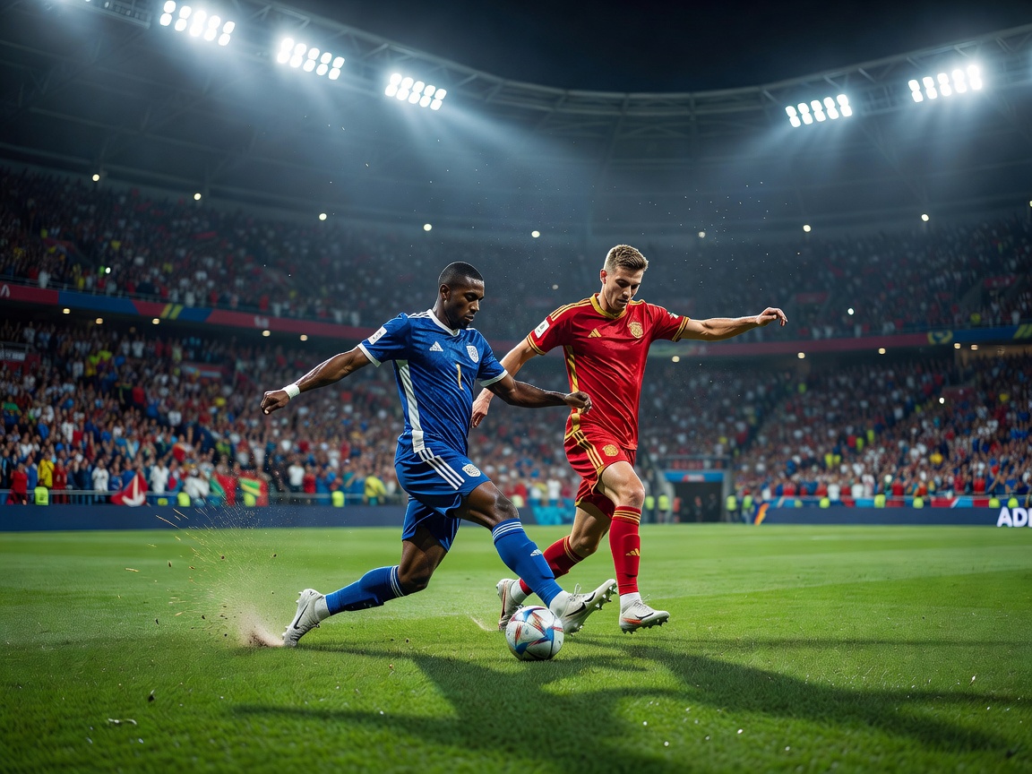 World cup football match action under stadium lights